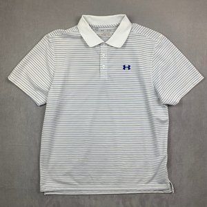 Under Armour Men Shirt XL White Blue Striped Polo Loose Heatgear Golf Workout